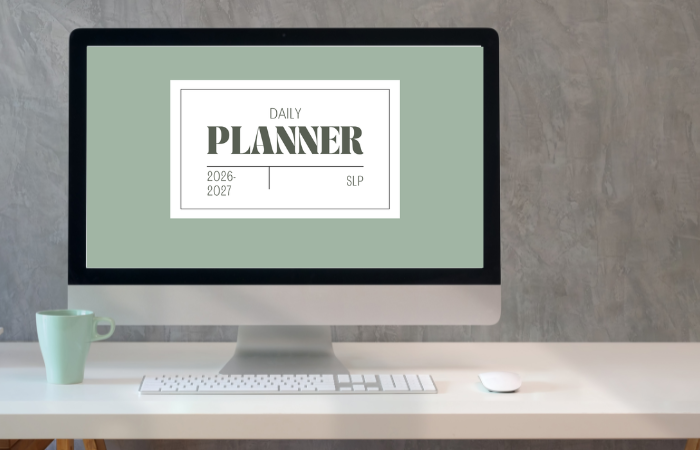 Minimalist daily SLP planner 2026–2027 displayed on desktop with clean green design