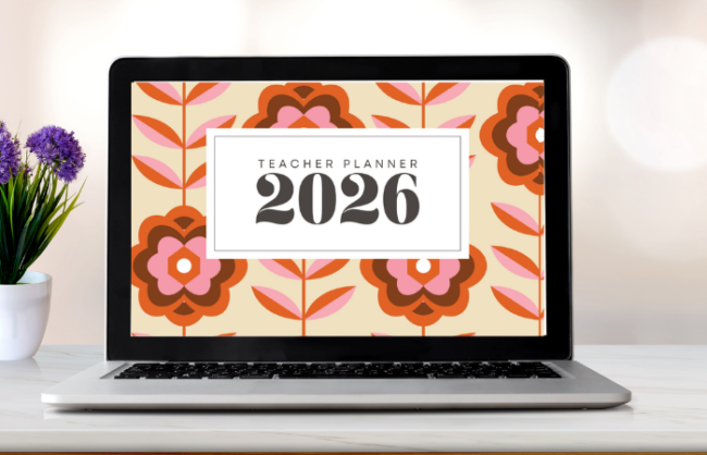 Retro floral teacher planner 2026 cover displayed on laptop screen with bold pattern design