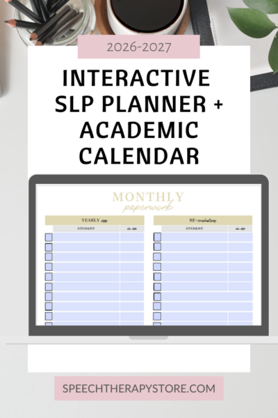 Interactive SLP planner and academic calendar 2026–2027 shown on laptop with monthly paperwork layout