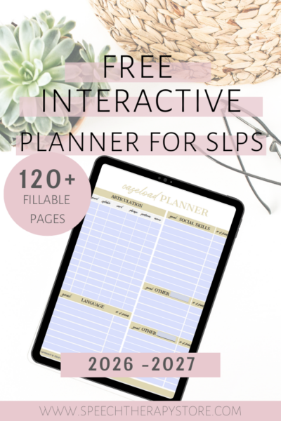 Free interactive planner for SLPs with caseload planning page displayed on tablet 2026–2027