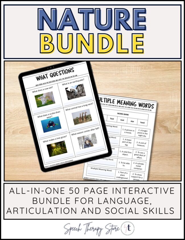 Nature-themed interactive PDF for speech therapy featuring articulation, language, and social skills activities displayed on a tablet and printable worksheets.