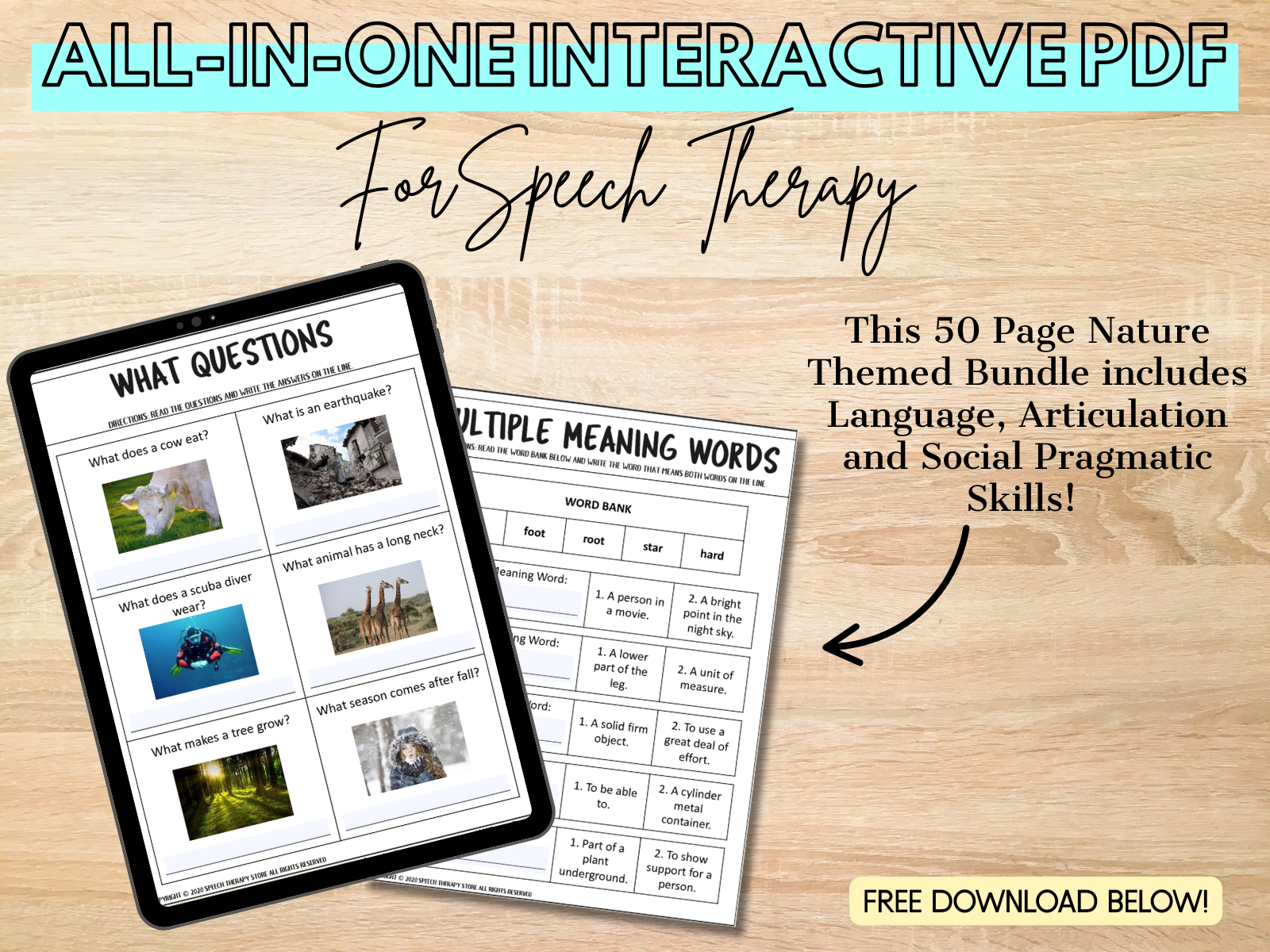 All-in-one interactive PDF for speech therapy showing nature-themed language, articulation, and social pragmatic activities on a tablet and printable worksheets.