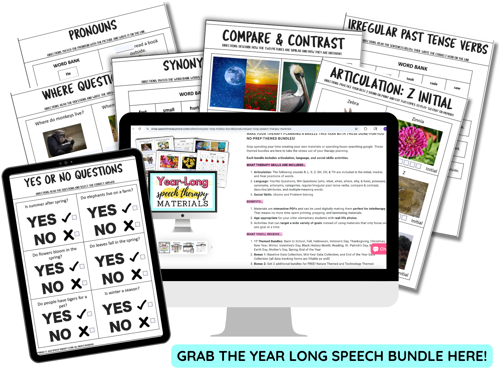 Year-long interactive speech therapy bundle with themed articulation, language, and social skills activities for teletherapy and in-person use.
