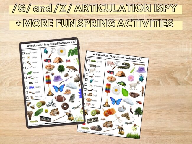 Header image showing two articulation I Spy worksheets for /G/ and /Z/ sounds on a wood background with text reading ‘/G/ and /Z/ Articulation I Spy + More Fun Spring Activities