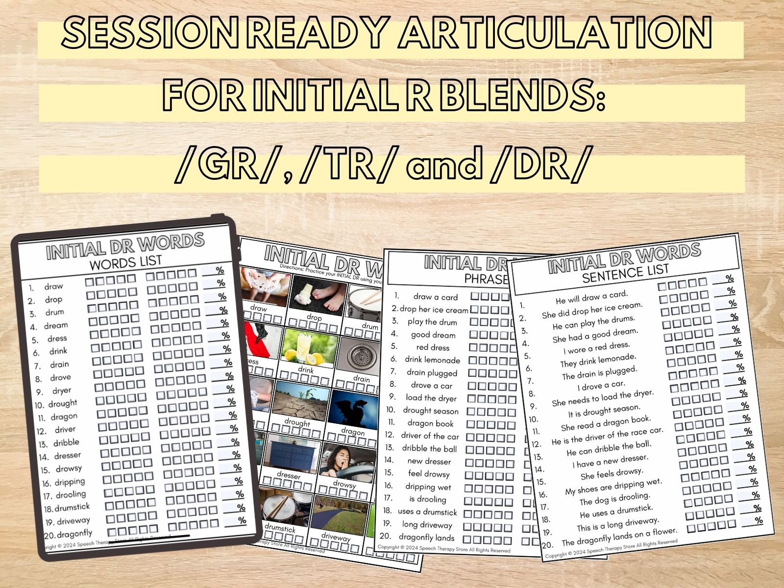 Session-ready articulation materials for initial R blends, showing word, phrase, picture, and sentence practice for GR, TR, and DR sounds.