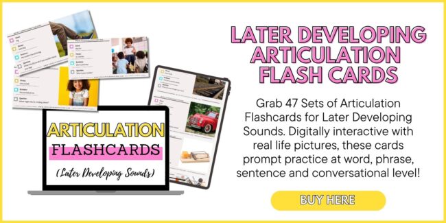 articulation flashcards for later developing sounds in speech therapy. practice at picture, word, phrase, sentence and conversation level