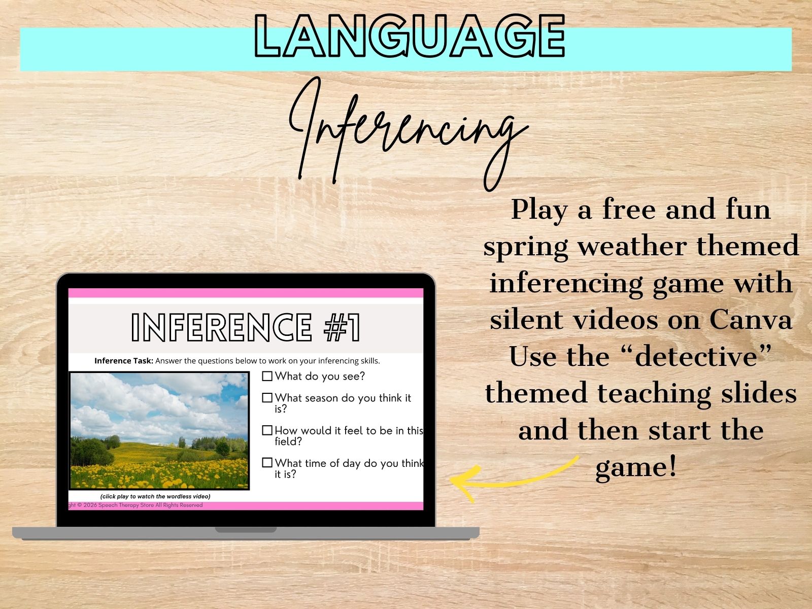 Laptop displaying a speech therapy inferencing activity using silent videos, designed to help students practice language inferencing skills through guided discussion.