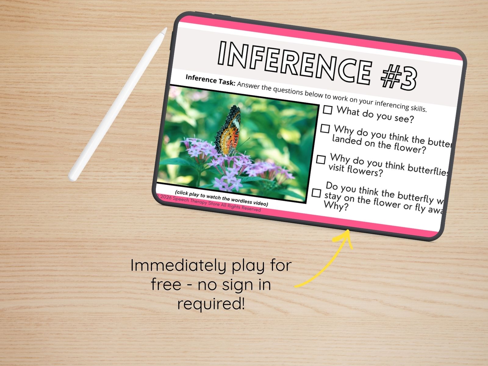 Speech therapy inferencing activity shown on a tablet with a silent video and guided inference questions, highlighting a free Canva inferencing game.