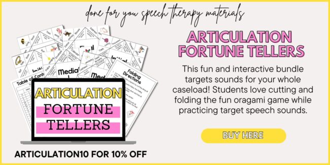 Articulation Fortune Teller speech therapy activity where students fold an origami-style game to practice target speech sounds.