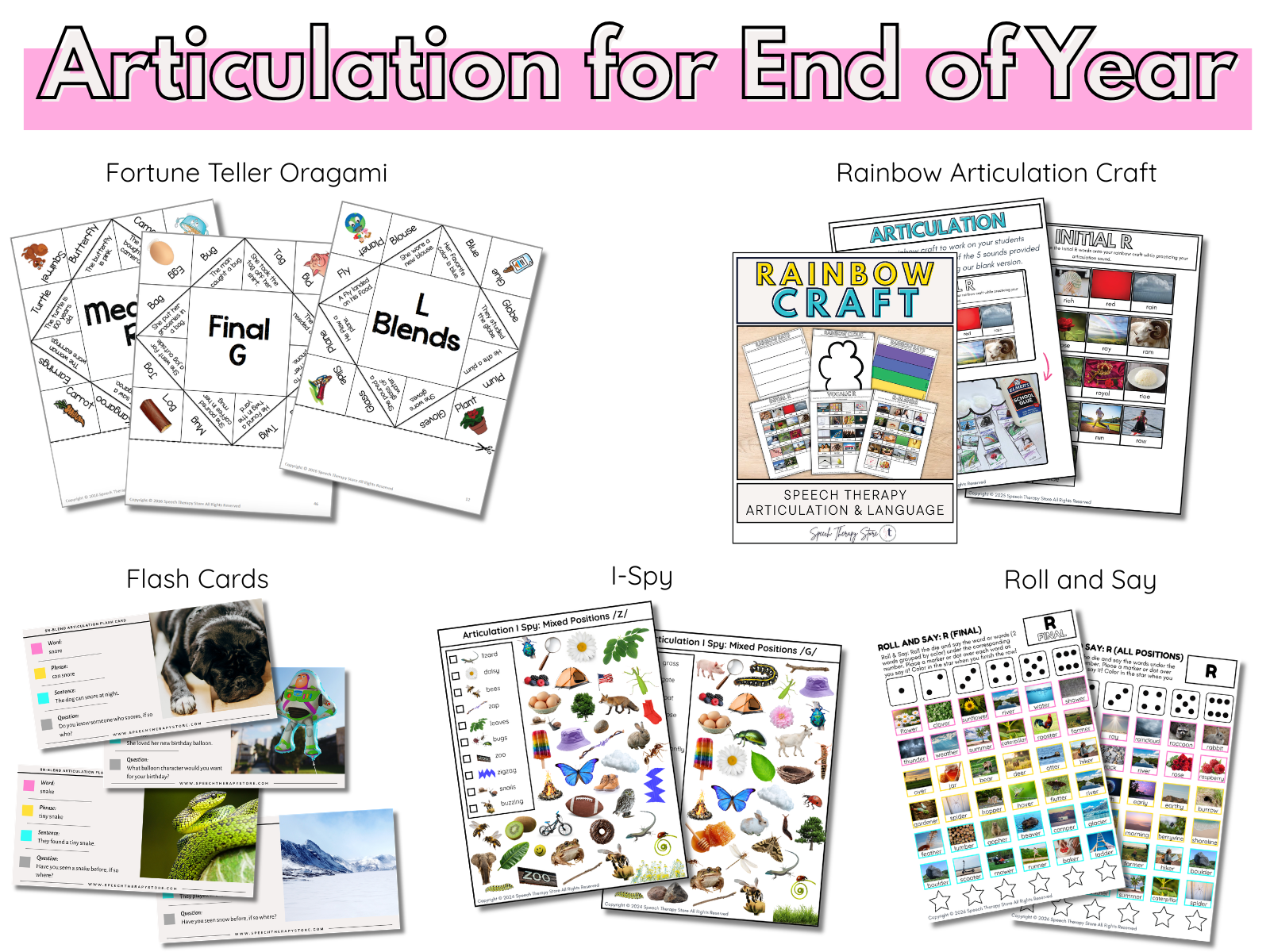 Articulation for End of Year Graphic
Colorful speech therapy graphic showcasing low-prep articulation activities for the end of the school year including articulation fortune teller origami, rainbow articulation craft, articulation flashcards, articulation I-Spy pages, and roll and say games.