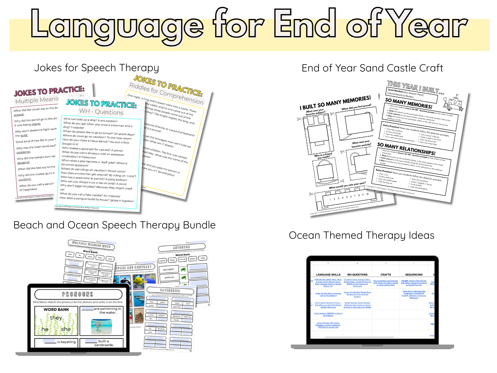 Speech therapy graphic featuring low-prep language activities for the end of the school year including jokes for speech therapy, an end of year sandcastle craft, a beach and ocean speech therapy bundle, and ocean-themed therapy ideas.