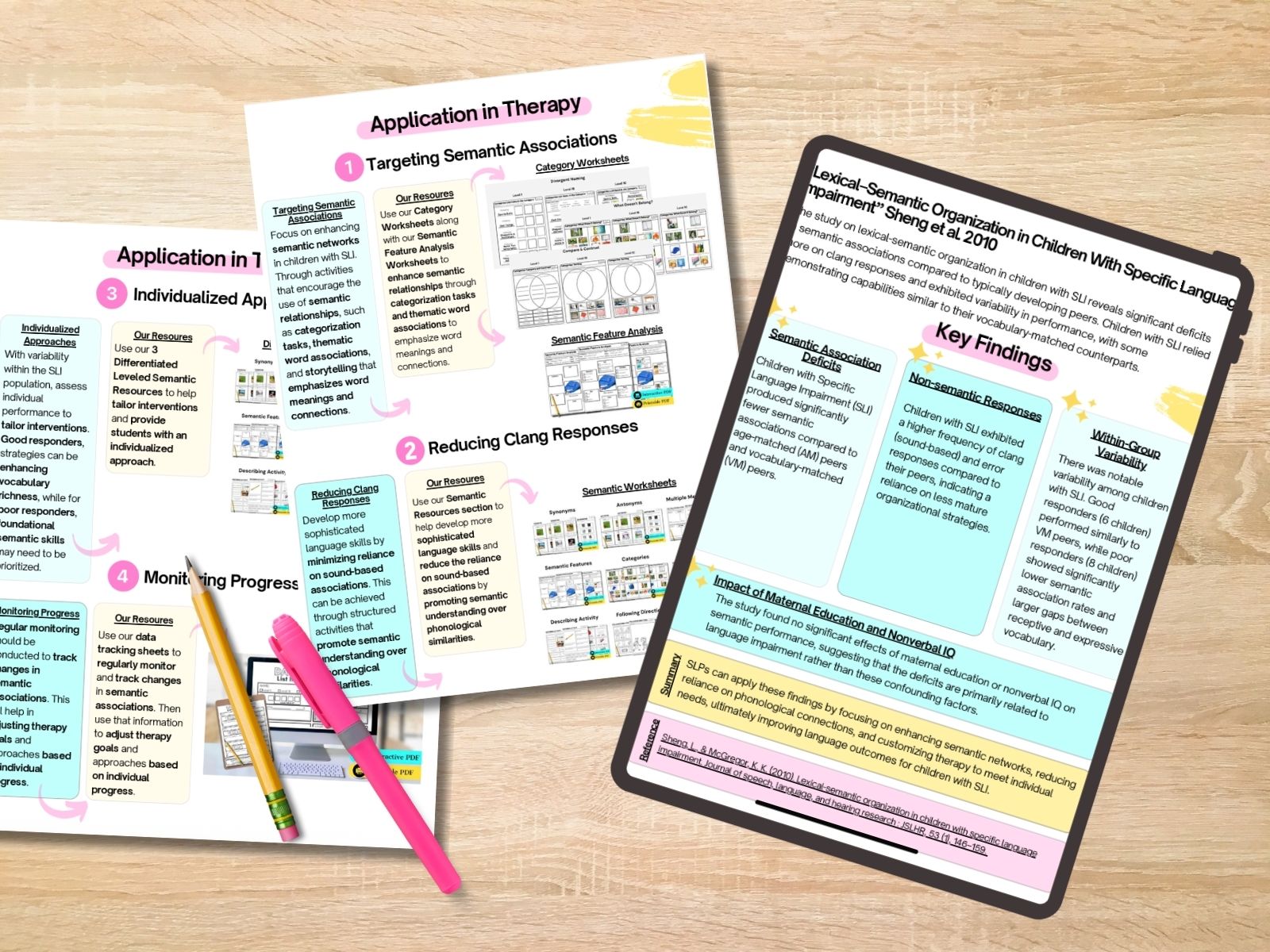 Speech therapy semantic activities and evidence-based research visual guide displayed on worksheets and tablet for language intervention