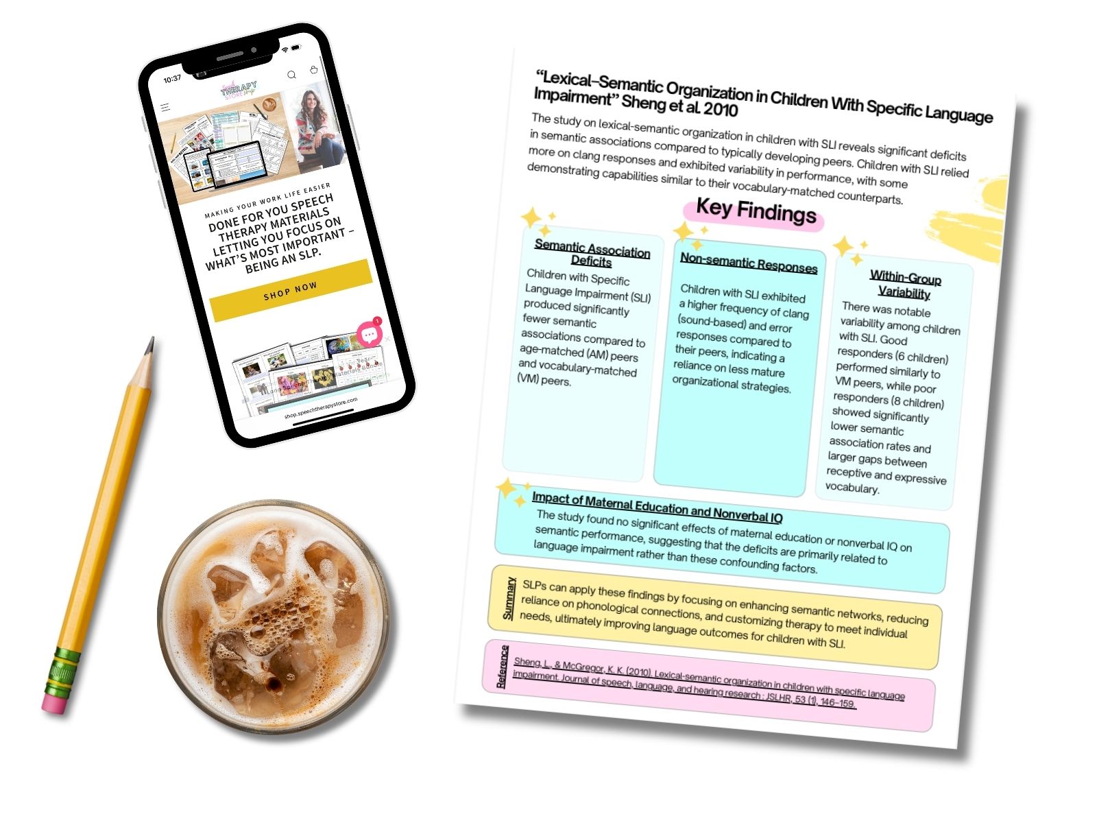 Speech therapy website displayed on phone next to semantic networks research summary and iced coffee on desk