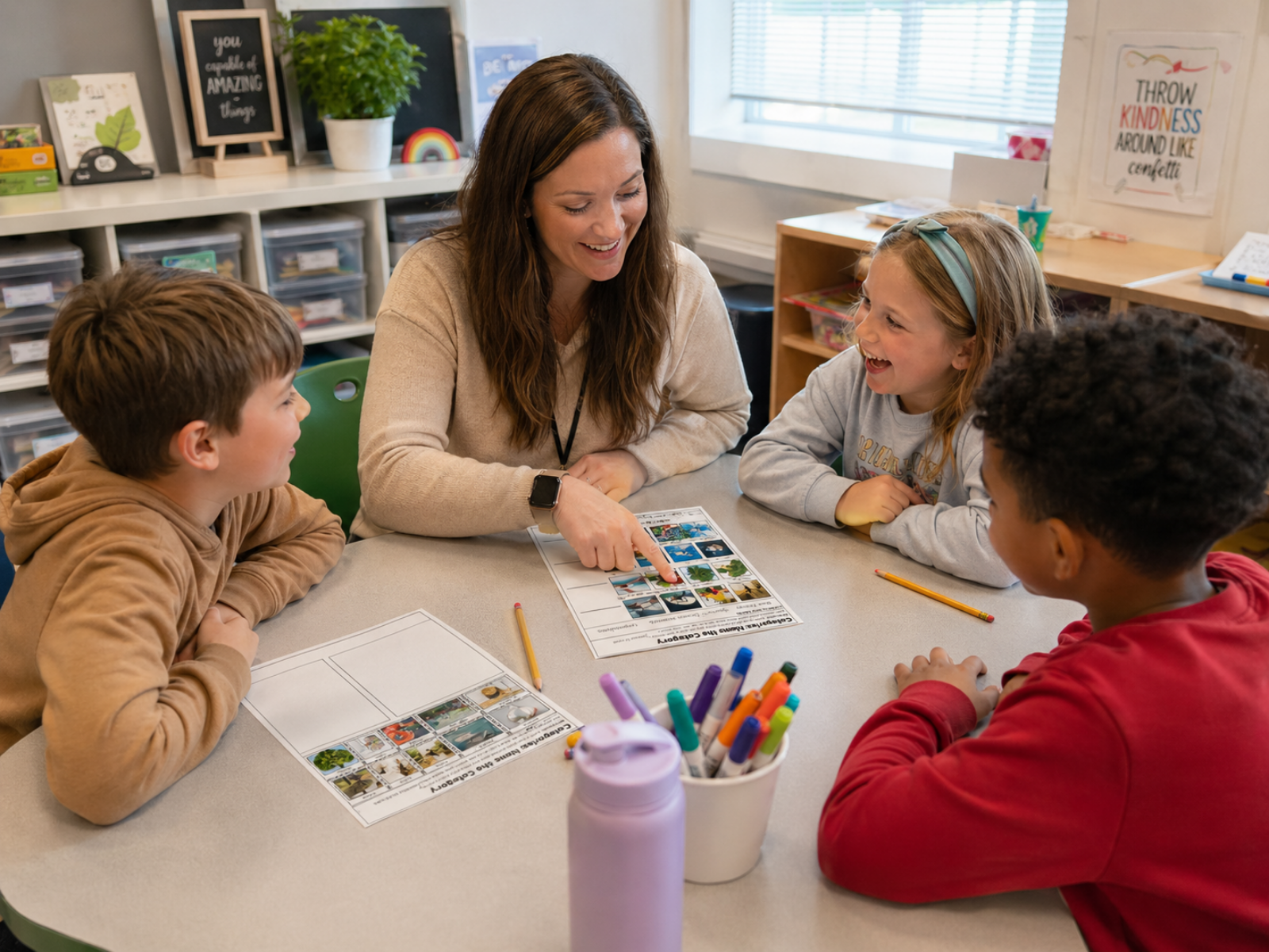 Real-life classroom scene of an SLP or teacher working with three elementary-aged students around a table. The therapist points to a categories worksheet while students smile and engage in the activity. Pencils, markers, and a water bottle are on the table in a bright classroom setting.