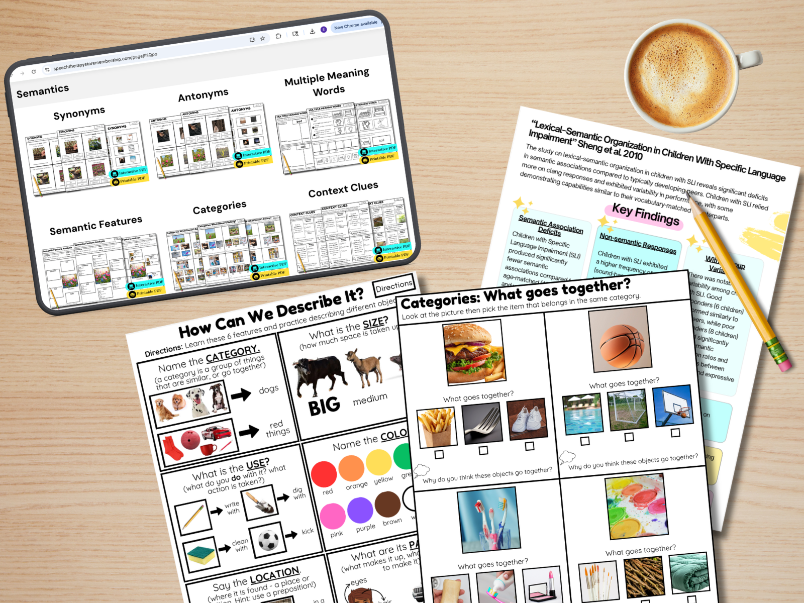 Flat lay of speech therapy category resources on a wooden desk. Includes a tablet displaying semantic worksheets, printed &ldquo;How Can We Describe It?&rdquo; and &ldquo;What Goes Together?&rdquo; activities, a semantic networking key findings handout, coffee cup, and pencil.