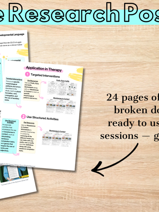 Free research posters showing key findings and application in therapy for narrative, vocabulary, comprehension, and morphological awareness