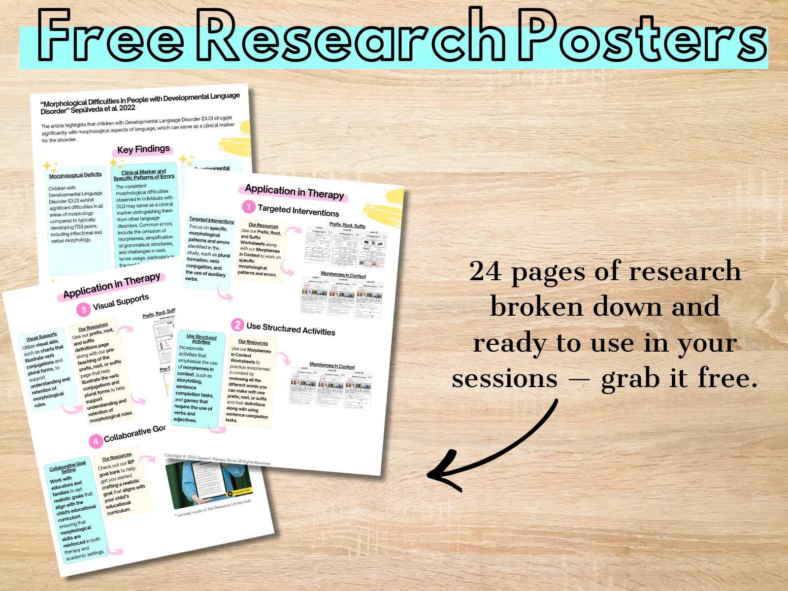 Free research posters showing key findings and application in therapy for narrative, vocabulary, comprehension, and morphological awareness