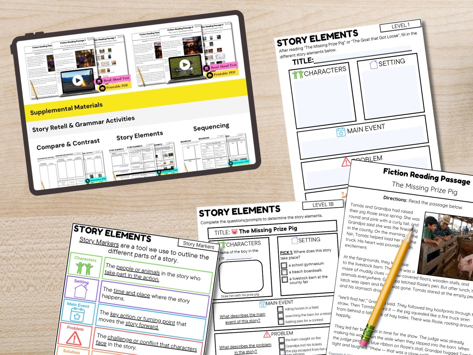 Speech Therapy Store supplemental materials including Story Elements, Sequencing, and Compare & Contrast activities, shown with the Level 1 and 1B Story Elements worksheets for an engaging fictional article
