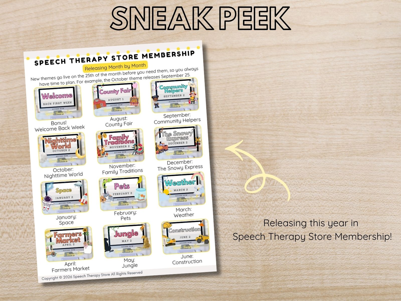 Sneak peek of new themes releasing month by month in the Speech Therapy Store Membership, from August's County Fair through June's Construction