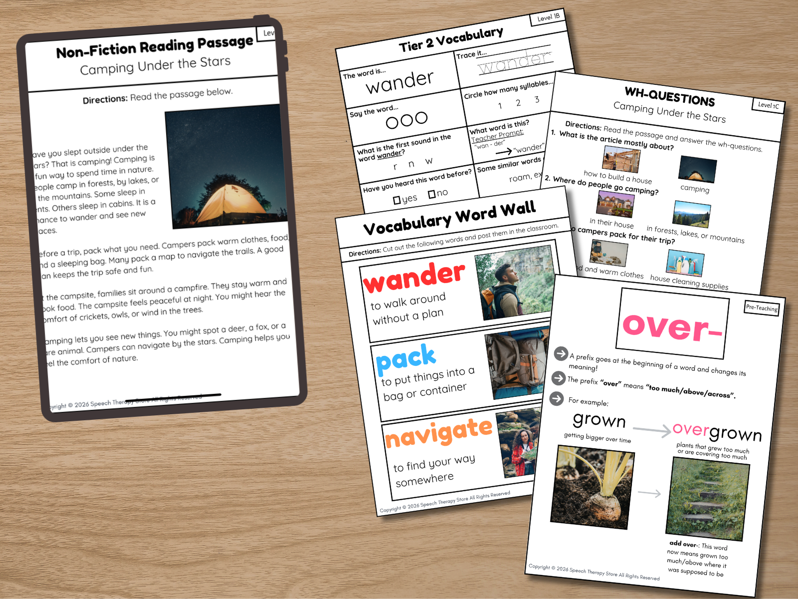 Speech therapy materials including nonfiction reading passage, Tier 2 vocabulary worksheet, and vocabulary word wall from the Speech Therapy Store membership
