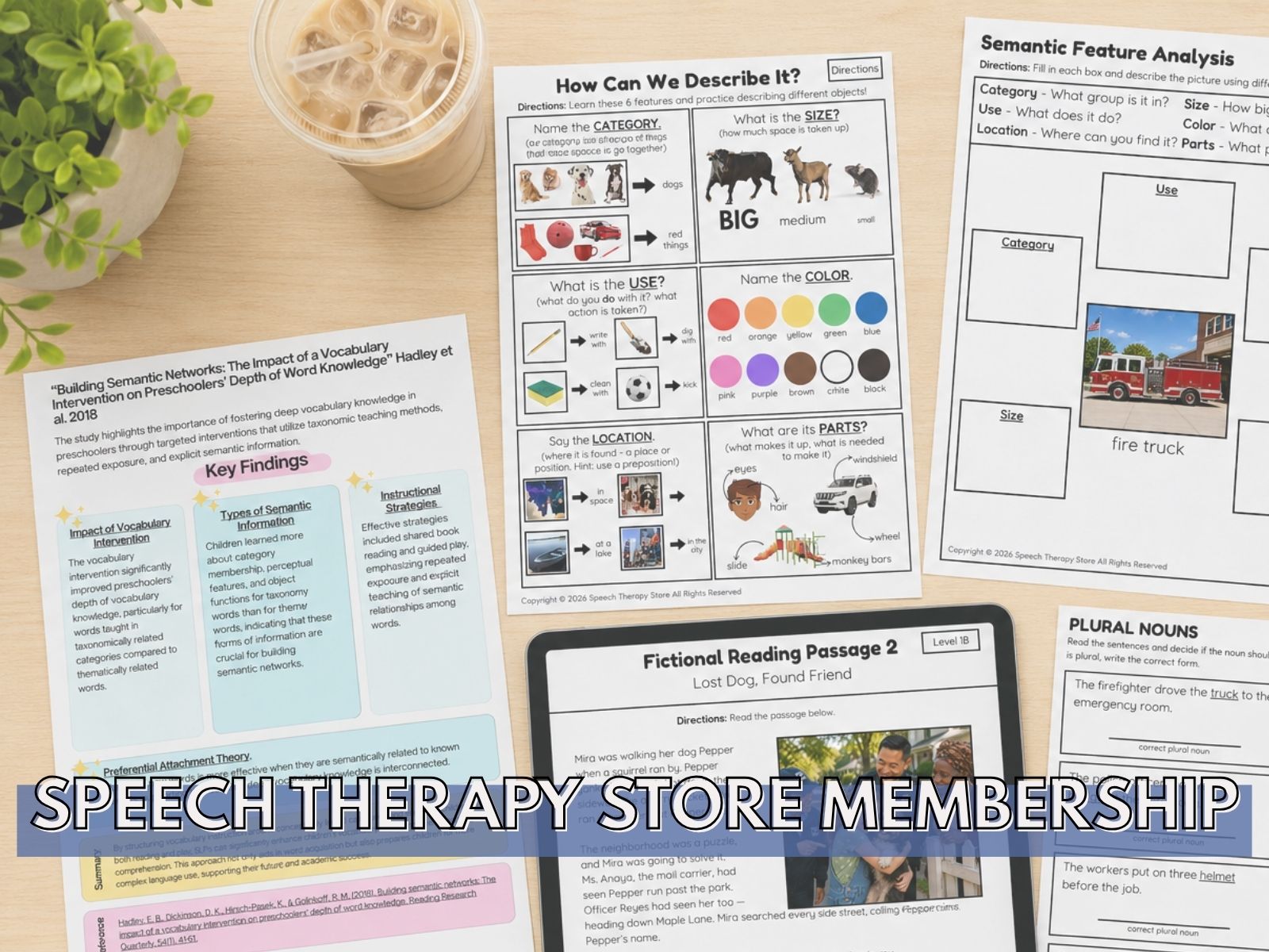 Speech Therapy Store Membership flatlay with Semantic Feature Analysis, describing activities, and vocabulary worksheets next to an iced coffee.