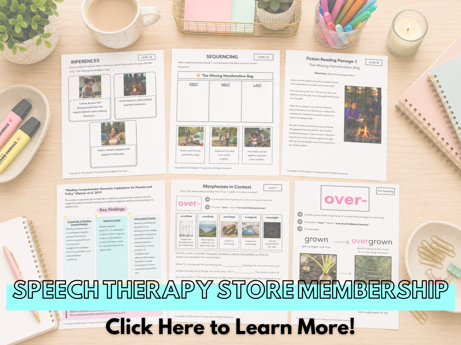 Speech therapy materials from the Speech Therapy Store membership including inference, sequencing, fiction reading passage, morphemes in context, and research poster