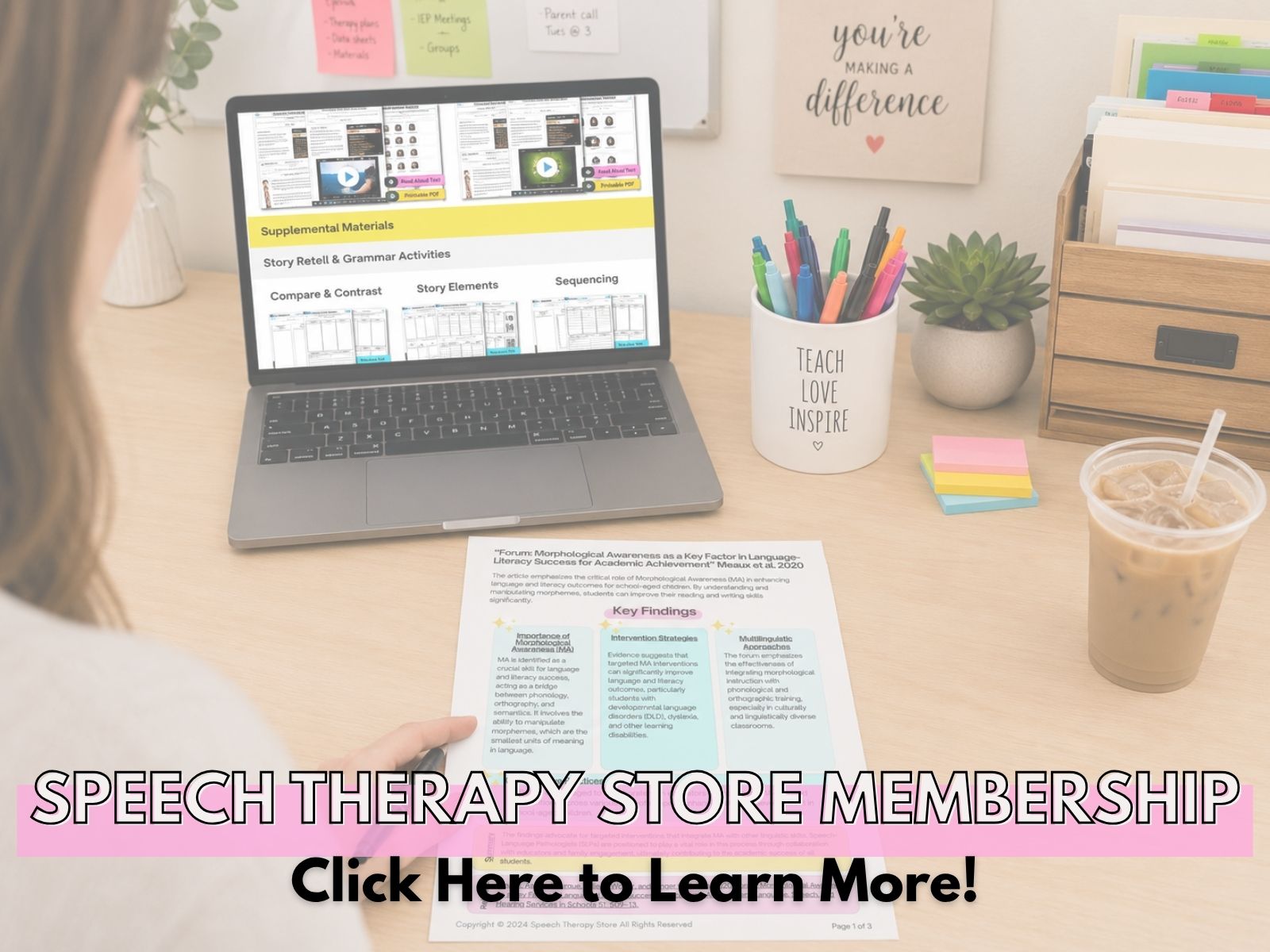 Speech-language pathologist's desk with a laptop open to Speech Therapy Store membership materials, IEP meeting sticky notes, and a printed Morphological Awareness Key Findings poster nearby