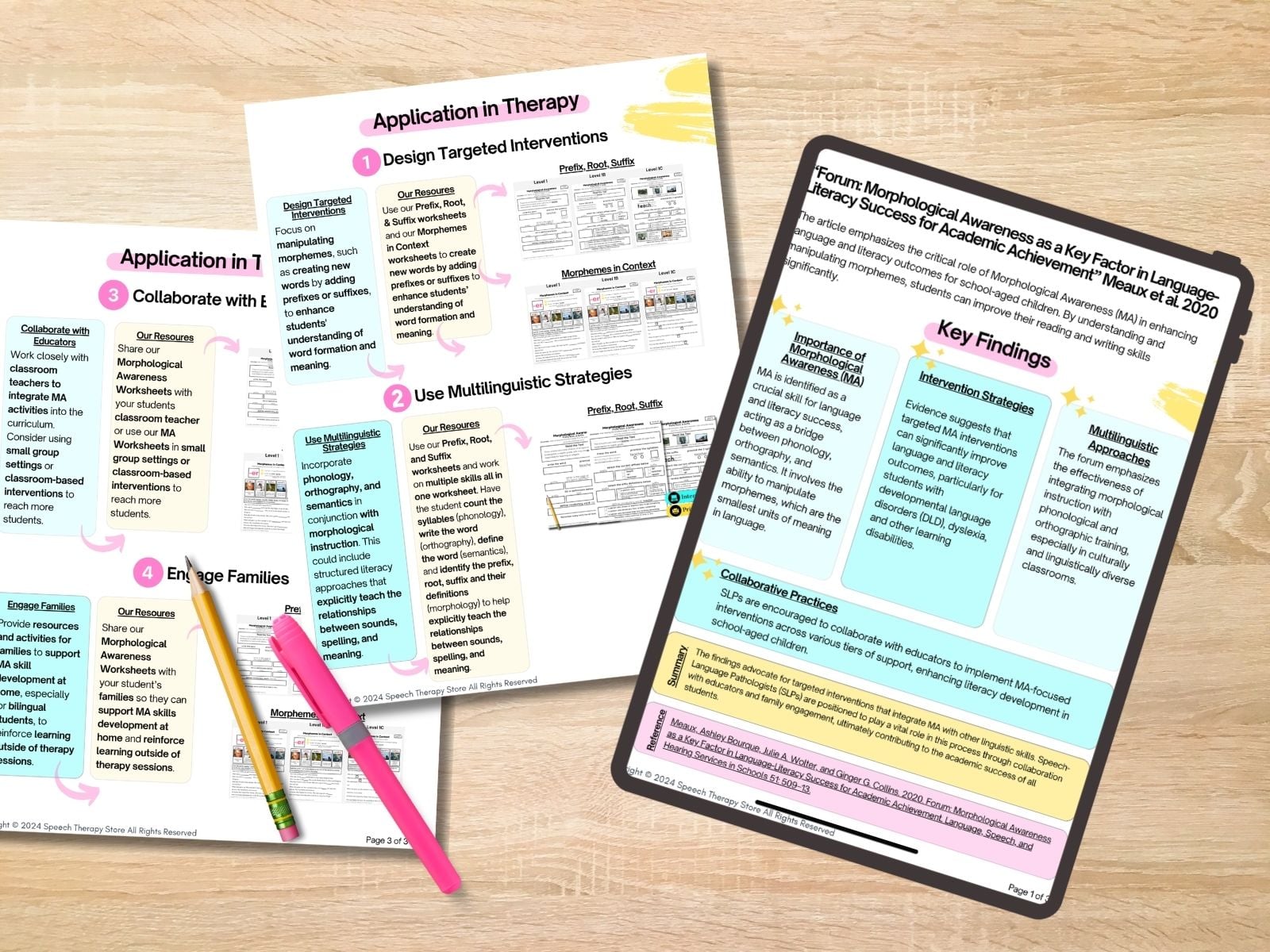 Application in Therapy pages from the Morphological Awareness Key Findings freebie, showing how to design targeted interventions, use multilinguistic strategies, collaborate with teachers, and engage families.