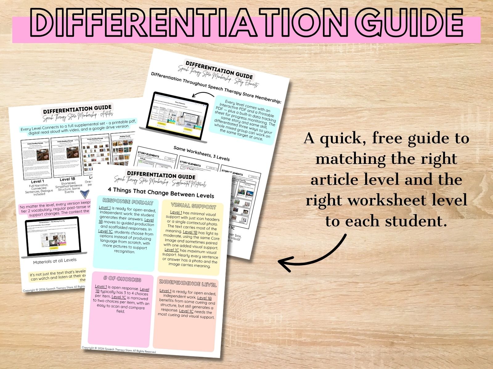 Speech Therapy Store Differentiation Guide pages showing how to match leveled articles and leveled worksheets to each student.