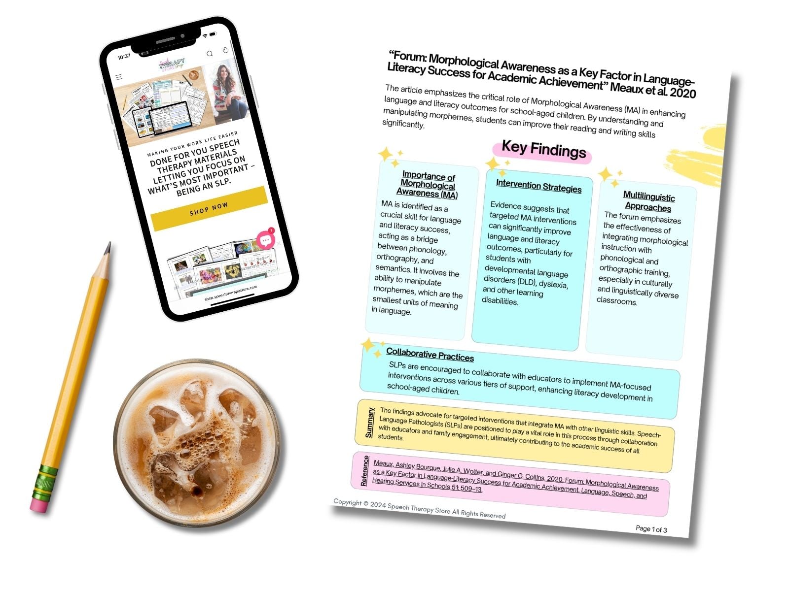 Phone displaying the Speech Therapy Store shop homepage next to the free Morphological Awareness Key Findings poster and a cup of iced coffee.