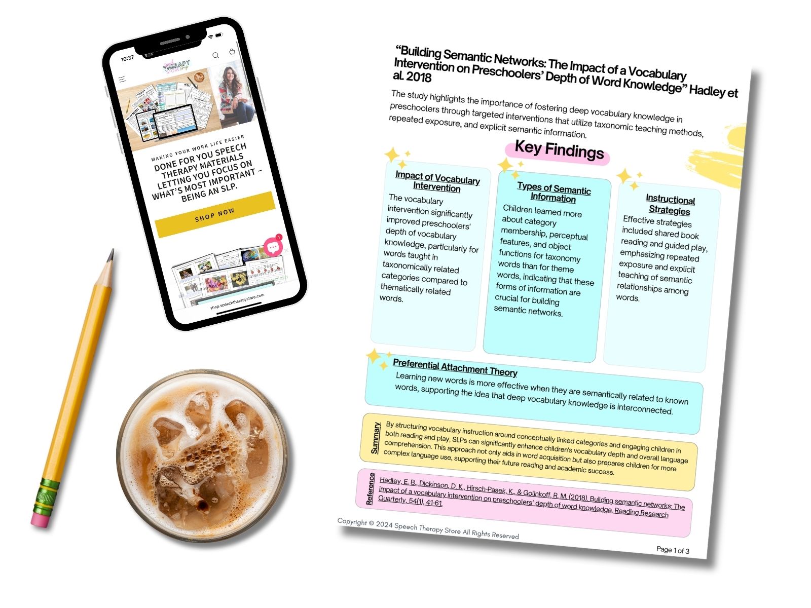 Speech Therapy Store shop ad on a phone next to the free Describing Features key findings research poster