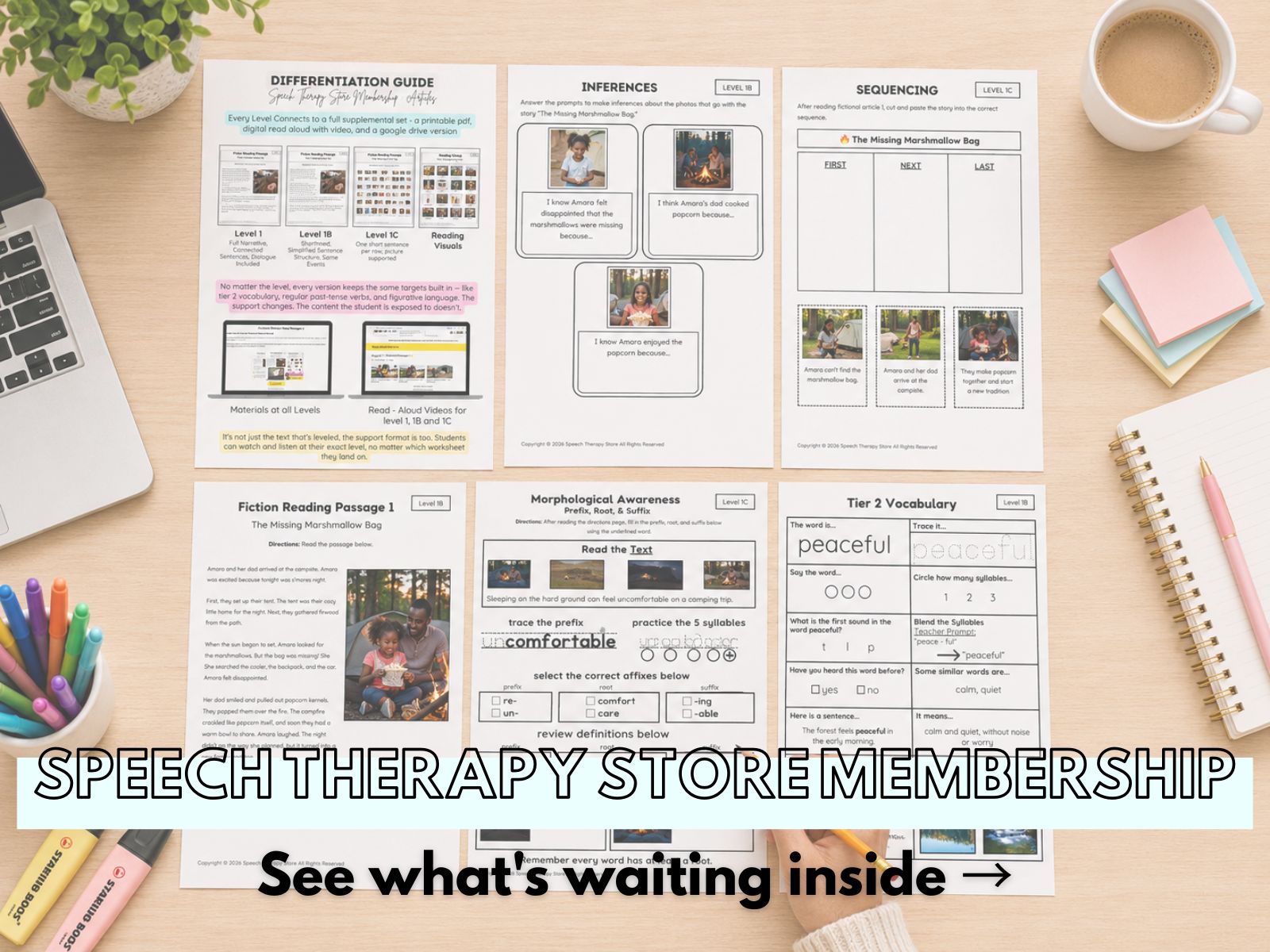 Speech Therapy Store Membership worksheets on a desk, including Inferences, Sequencing, Morphological Awareness, and Tier 2 Vocabulary activities leveled for differentiation. Text reads: See what's waiting inside